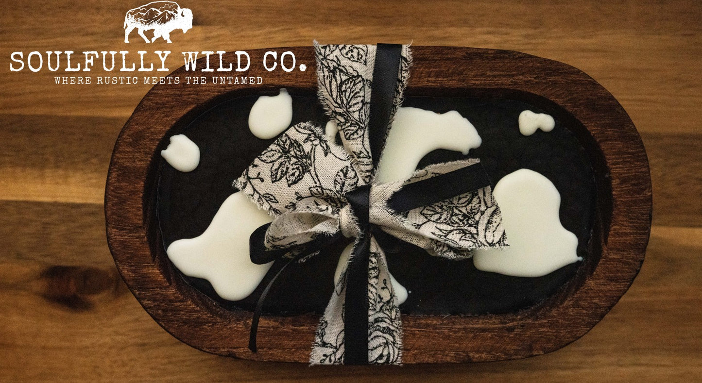 Soulful Handcrafted Soy Candles - Dough Bowl Black Base, White Cow Print