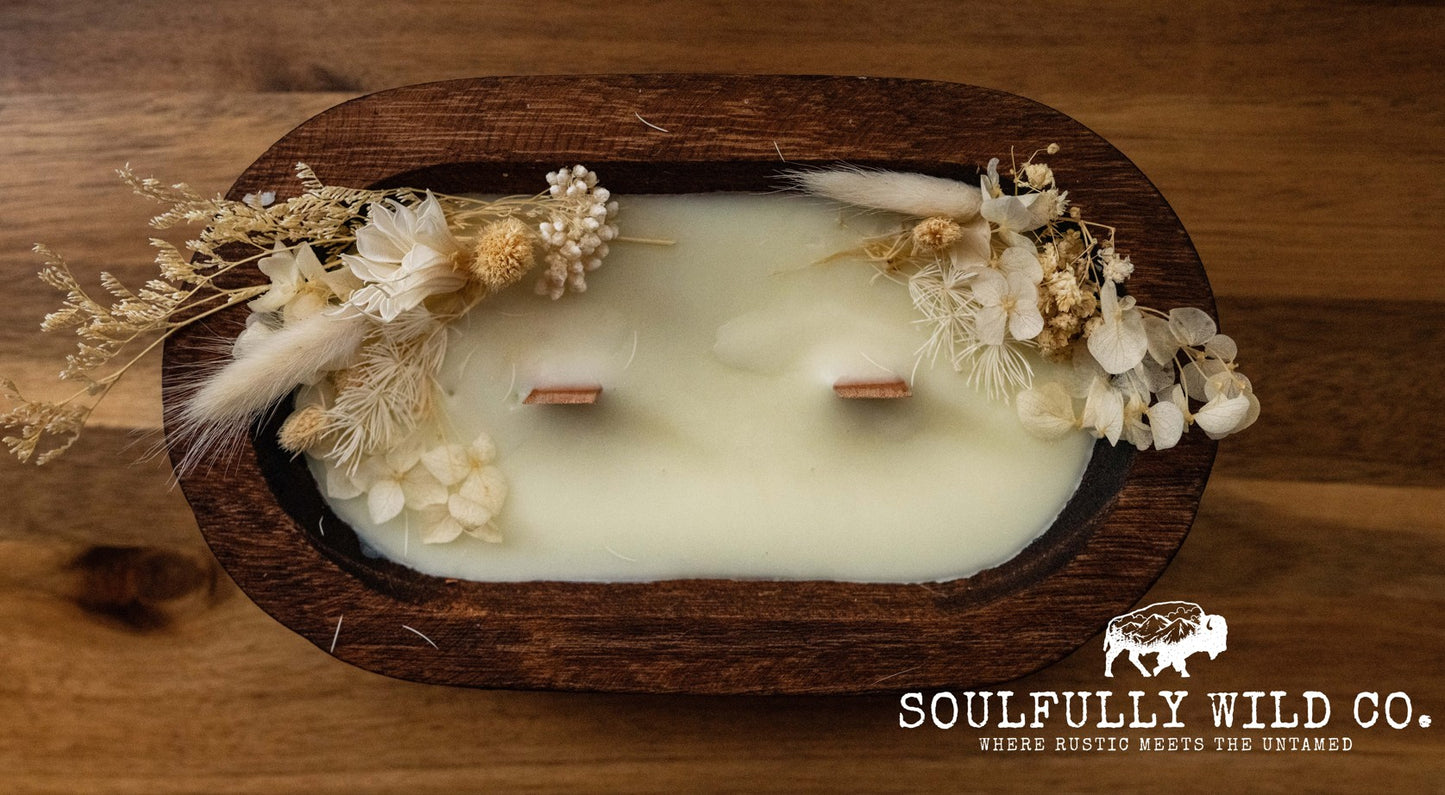 Soulful Handcrafted Soy Candles - Dough Bowl Dried White Flowers