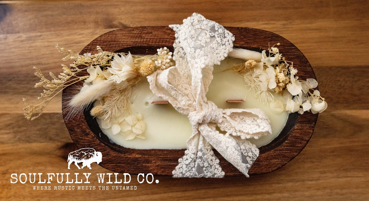 Soulful Handcrafted Soy Candles - Dough Bowl Dried White Flowers