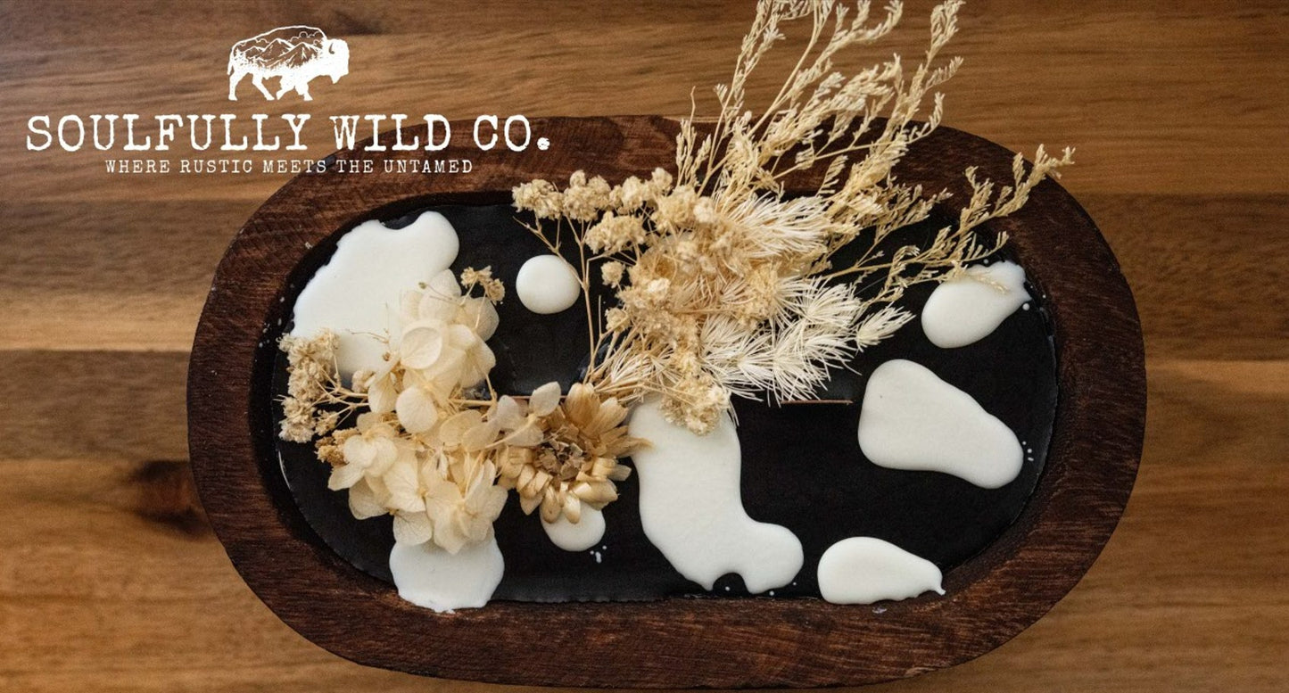 Soulful Handcrafted Soy Candles - Dough Bowl Black Base, White Cow Print with White Flowers