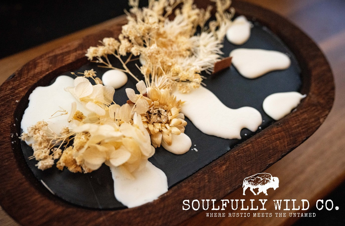 Soulful Handcrafted Soy Candles - Dough Bowl Black Base, White Cow Print with White Flowers