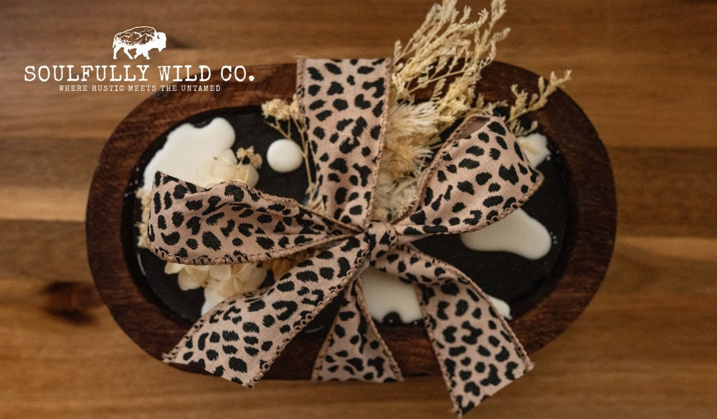 Soulful Handcrafted Soy Candles - Dough Bowl Black Base, White Cow Print with White Flowers