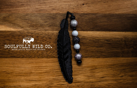 Soulful Black Feather Bookmark -  Black, Silver, White