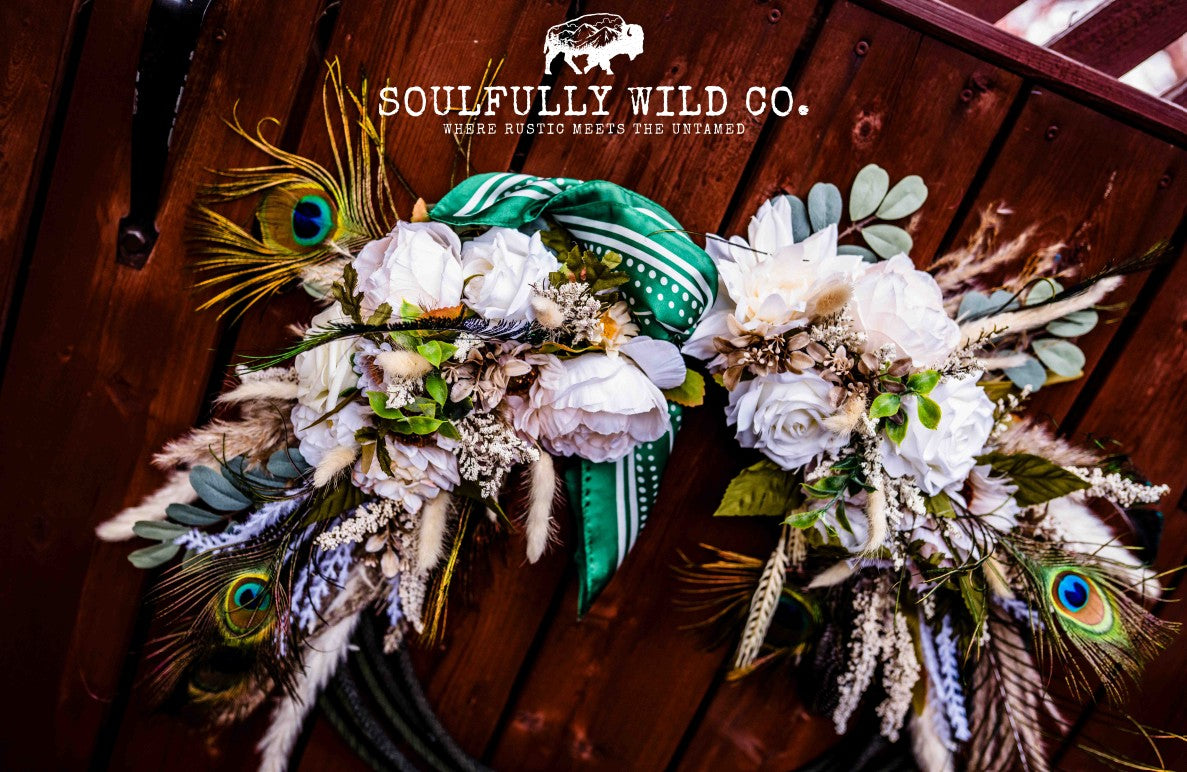 Western Soulful Rope Wreath - Green & White with Peacock