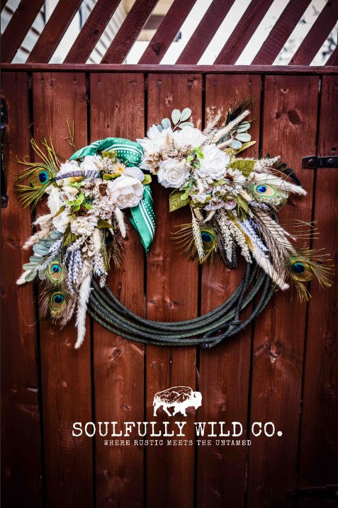 Western Soulful Rope Wreath - Green & White with Peacock