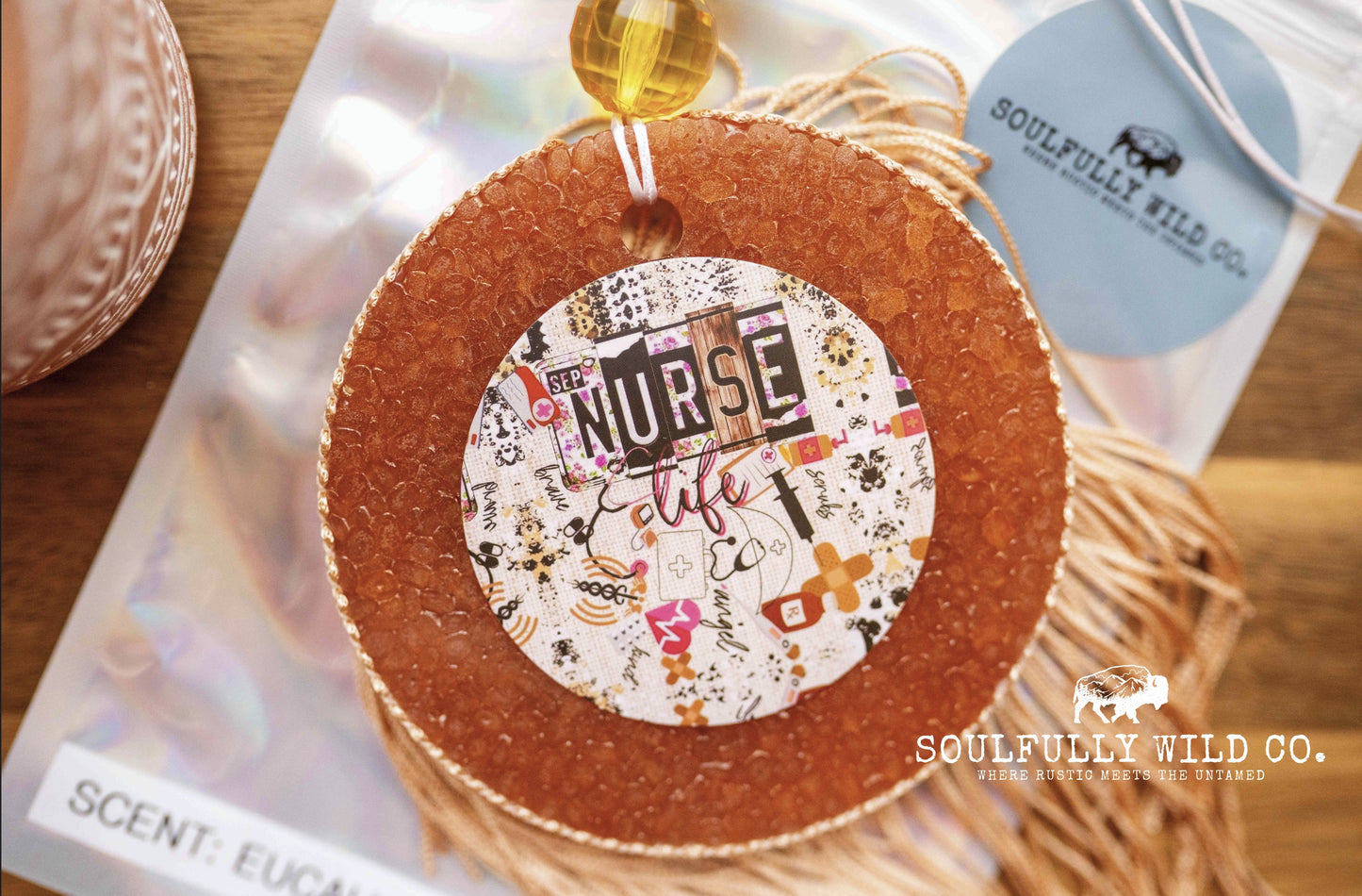 Soulful Air Freshener: "Nurse life" Orange Circle, Blonde Fringe